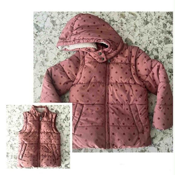 Boden convertible pink polka dot sherpa coat & vest sz 5-6 - Picture 1 of 11